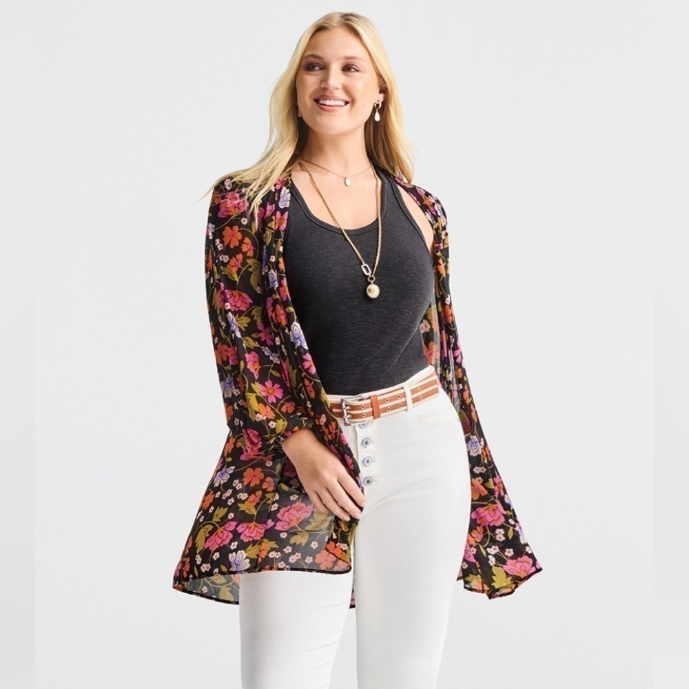 Cabi Mingle Kimono 6252 Womens Small Sheer Coverup Wrap Shirt Floral Black